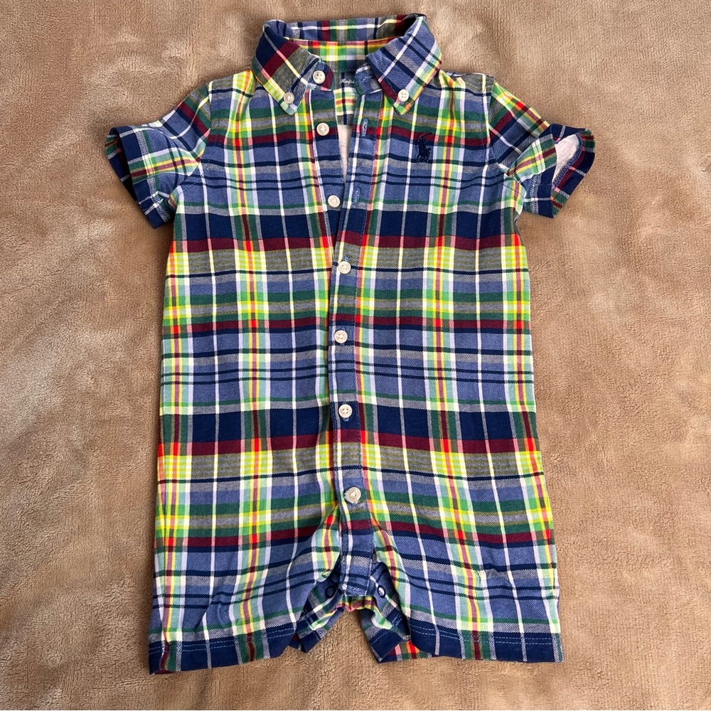 RALPH LAUREN Baby Plaid Academic Polo Button Up One Piece Bodysuit - Size 9M